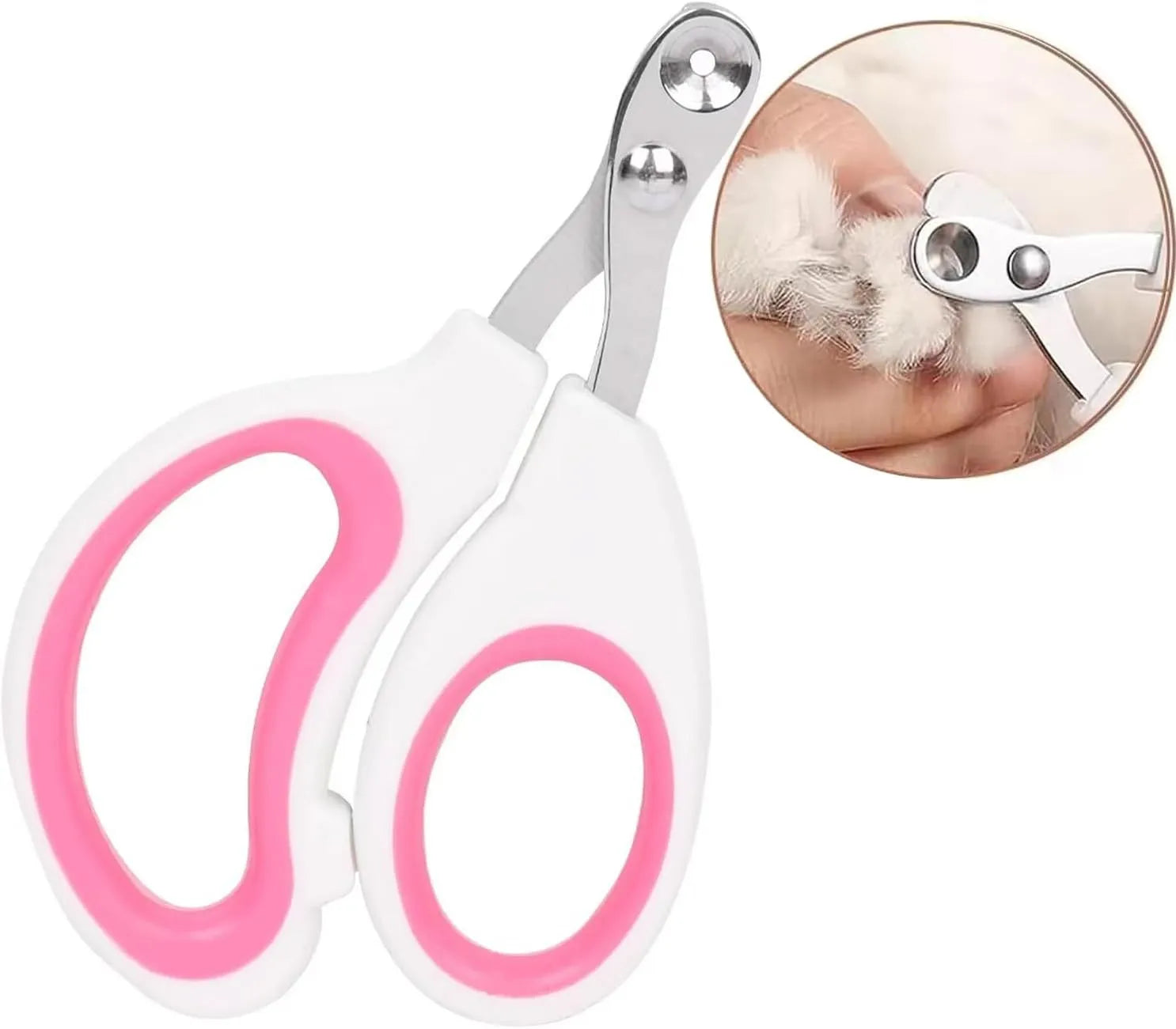 Blue pet nail clippers with circular cutting hole and non-slip handles on a white background.