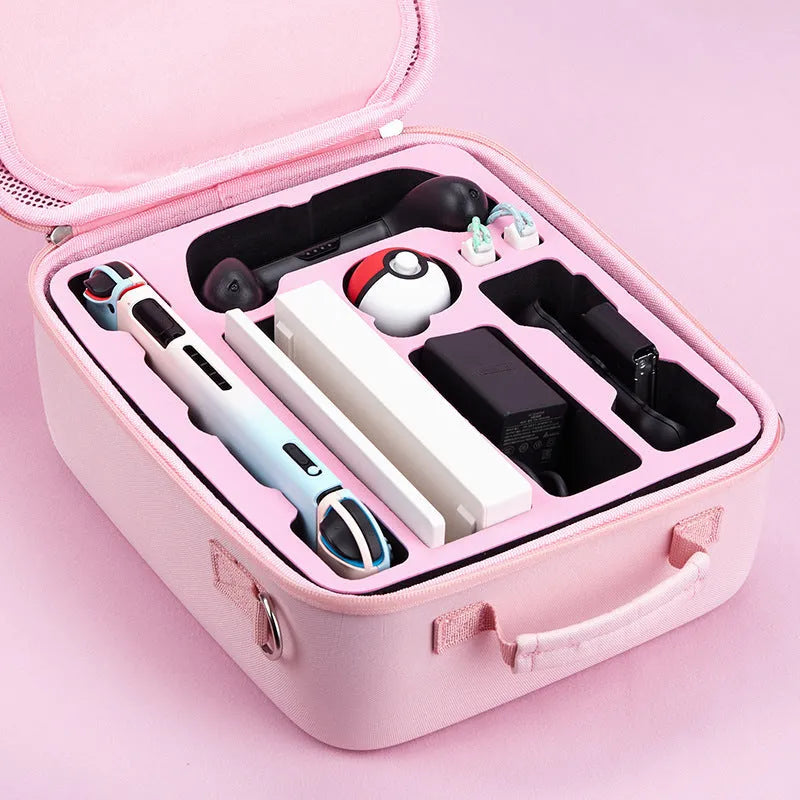 Nintendo Switch cat claw storage bag in pink showing game cartridge slots and shoulder strap