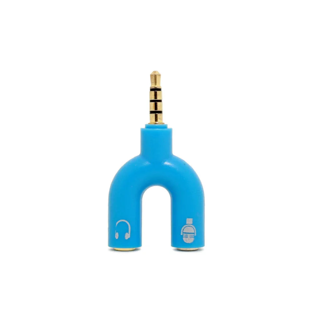 3.5mm audio splitter adapter showing gold-plated connector and six colour options