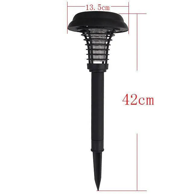 Black solar-powered mosquito killer lamp with white and purple LED lights for garden insect control.