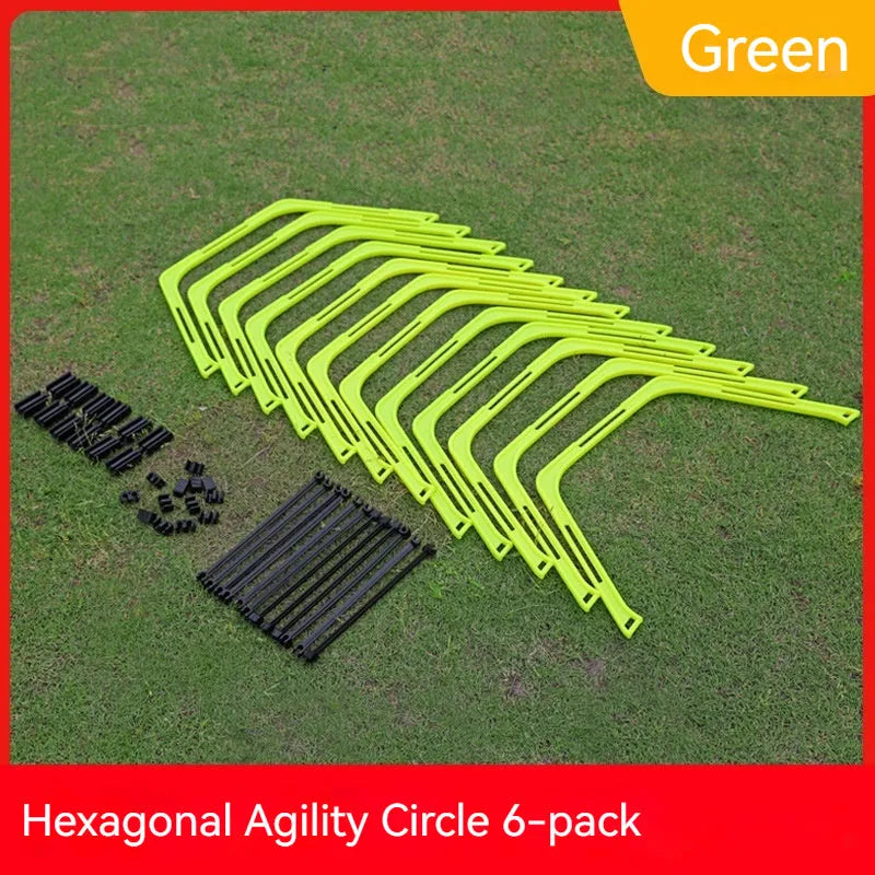 Six foldable hexagon football agility training rings in green, orange, and yellow colours