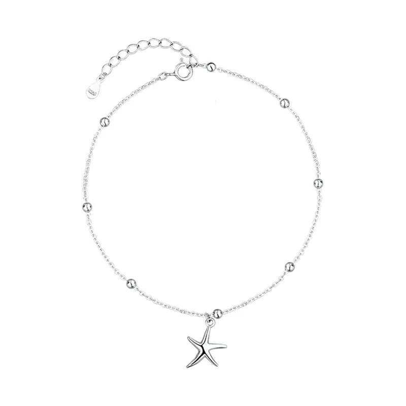 Sterling silver starfish anklet on adjustable beaded chain with lobster clasp