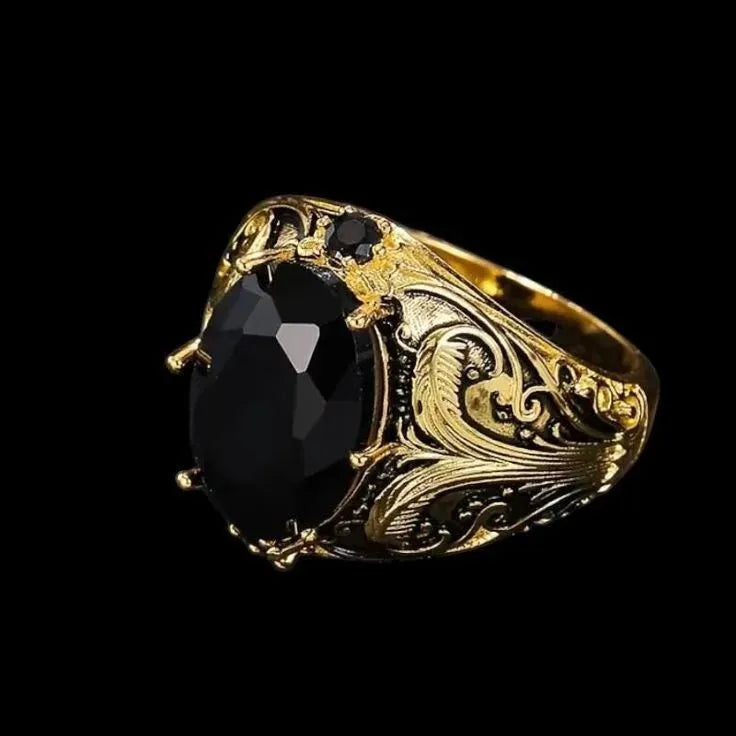 Silver geometric pattern men's wide face ring with imitation ink colour gem ornament