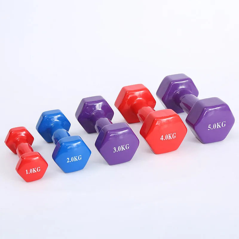 Bright colour plastic-coated fitness dumbbells suitable for home workouts with floor protection