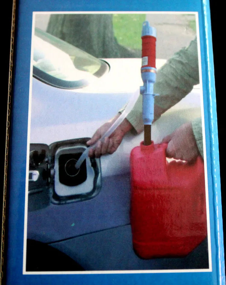 Blue manual hand pump siphon for transferring fuel and oil to vehicles and equipment