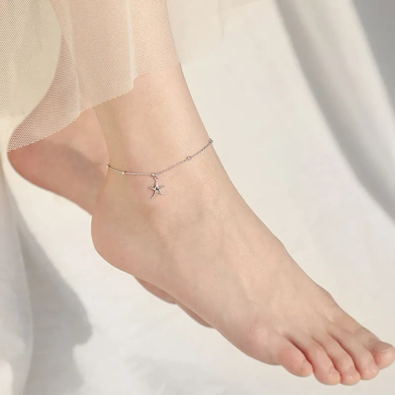 Sterling silver starfish anklet on adjustable beaded chain with lobster clasp