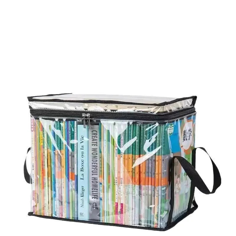 Large white foldable PVC storage bag with a transparent panel, shown next to magazines.