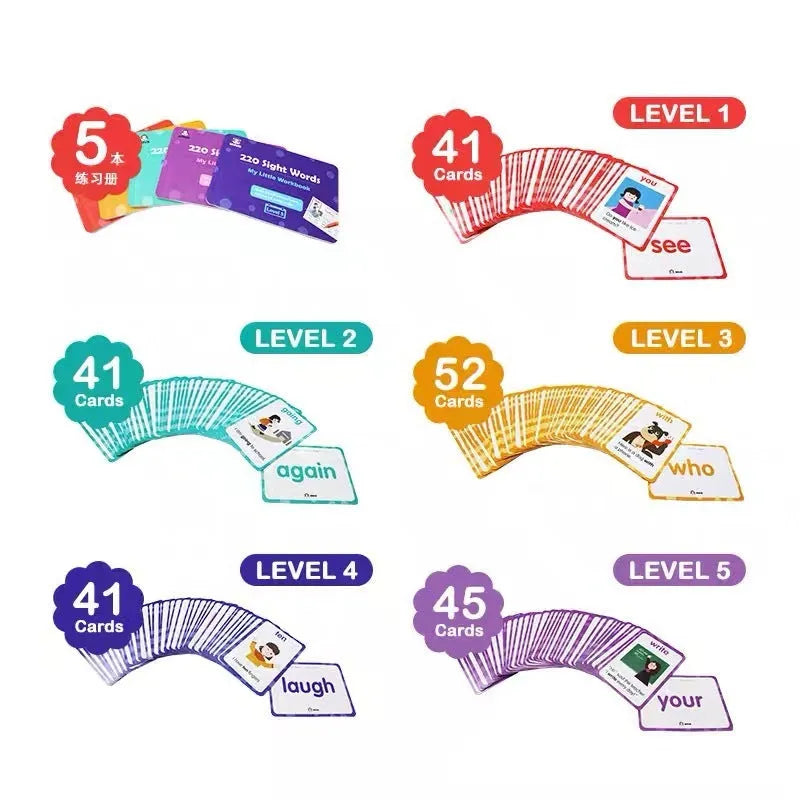 Early childhood education high-frequency word card gift box set with 220 cards and workbooks