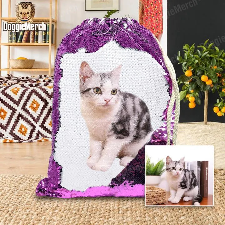 Custom purple sequins drawstring backpack with a printed dog photo, showing drawstring closure and glittering surface.