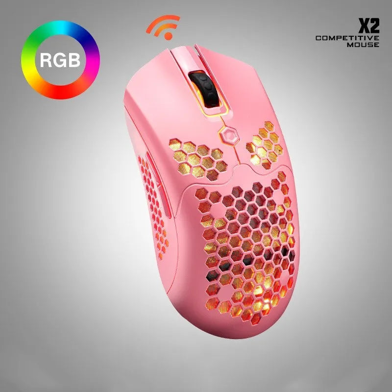 Free Wolf X2 wireless gaming mouse showing RGB lighting and ambidextrous symmetrical design