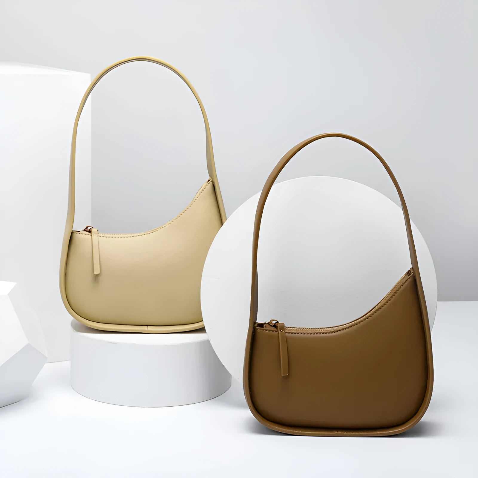 Genuine leather half moon shaped women's handbag with wide shoulder strap in four colour options