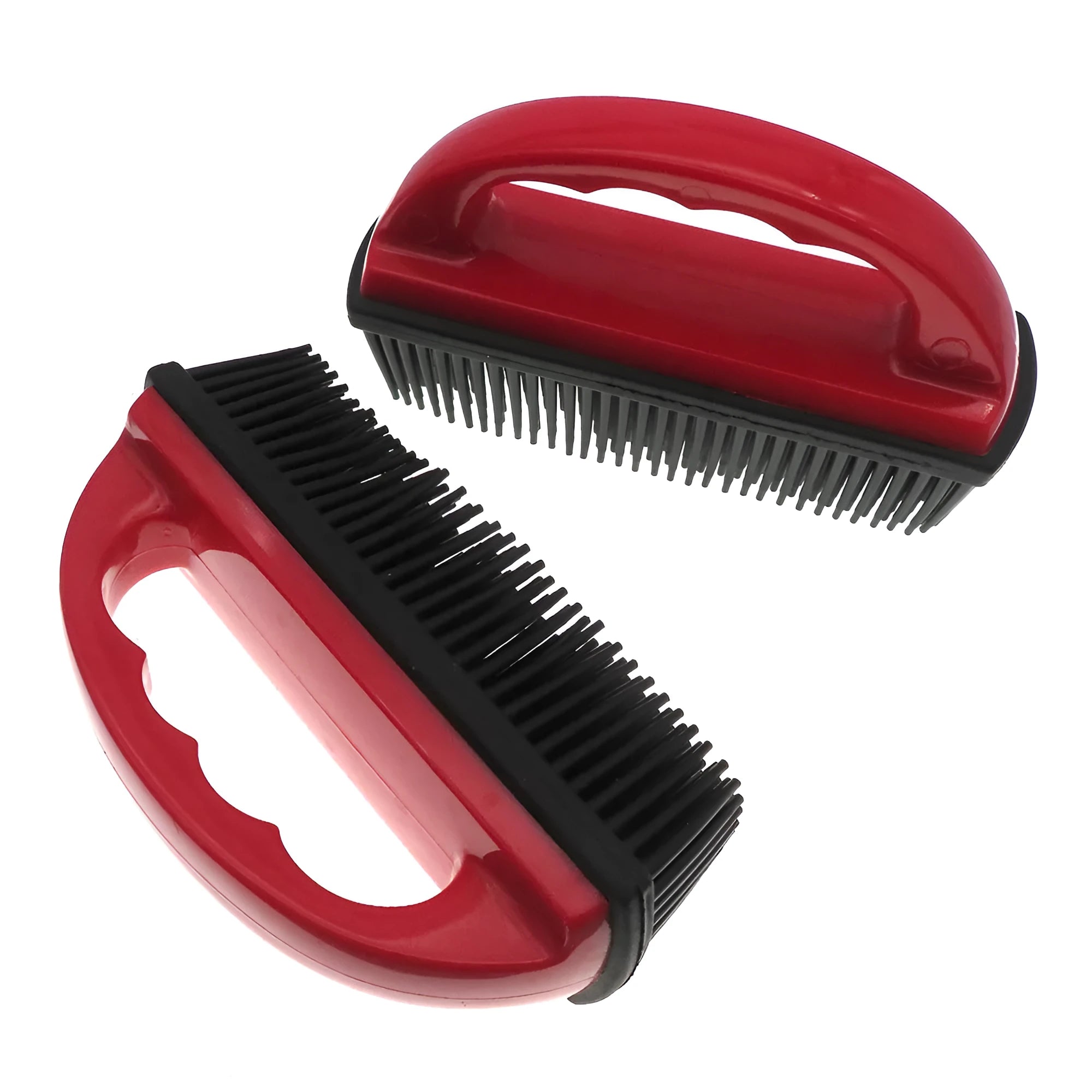 Red handheld pet hair removal brush with rubber bristles for grooming dogs and cleaning carpets.