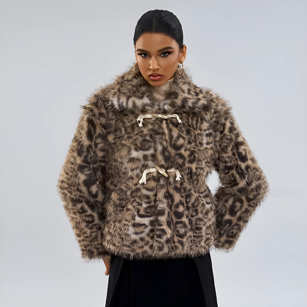 Women's leopard print coat with buckle lapel detail in polyester fabric