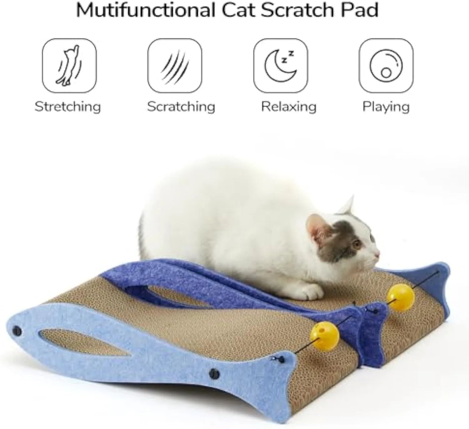 Blue fish-shaped cardboard cat scratcher pad with bell ball toys for indoor furniture protection