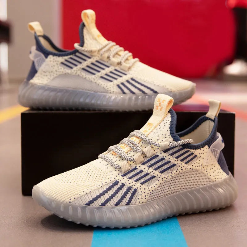 Men's white flying fabric sports shoes with mesh lining, round toe, and flat platform heel