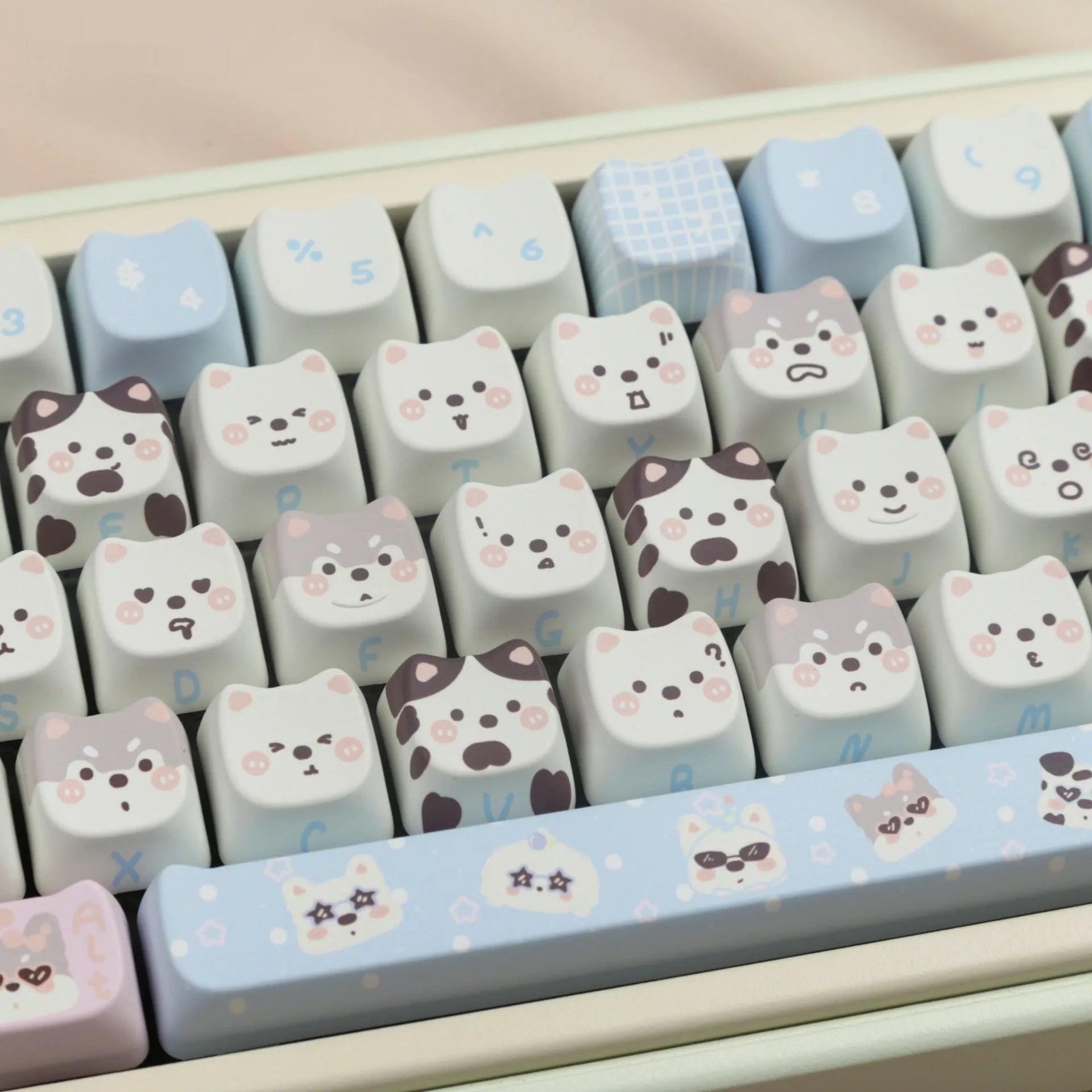 PBT key cap set with colourful cat and puppy sublimation designs for mechanical keyboards