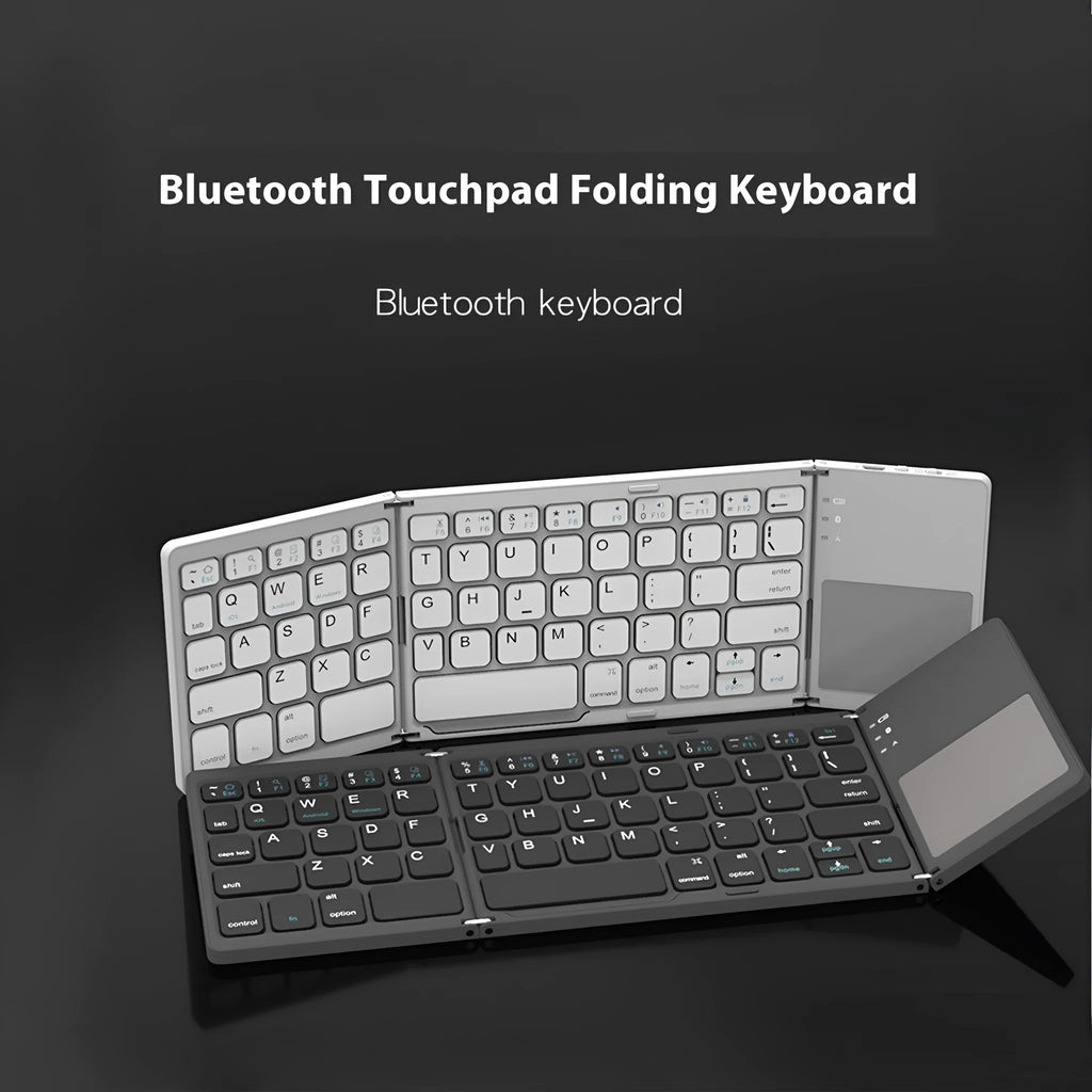 Folded and unfolded views of a black tri-fold portable Bluetooth keyboard on a table.