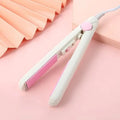 Mini hairdressing splint hair straightener with storage box in blue, pink, purple, white, or yellow colour.