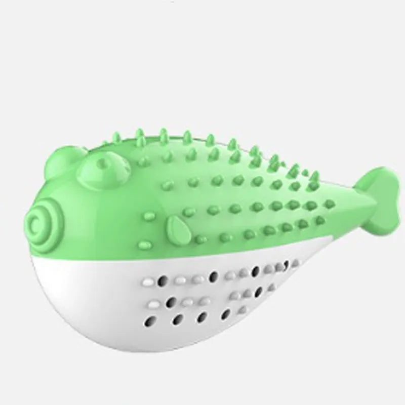 Blue silicone fish-shaped cat chew toy with a protruding grabbing handle on a white background.