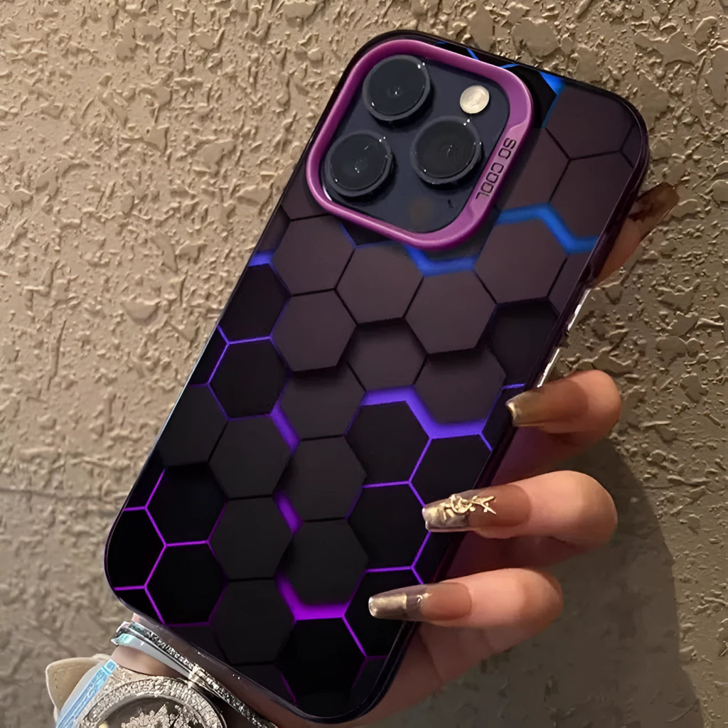 Frosted protective iPhone case with honeycomb square pattern in Moonlight Black, shown fitted on a phone.