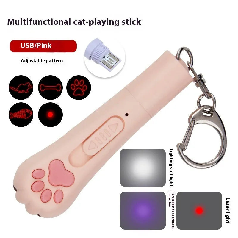 Infrared cat teasing stick toy with moon light lamp and laser patterns in blue, pink, purple, and white colour options