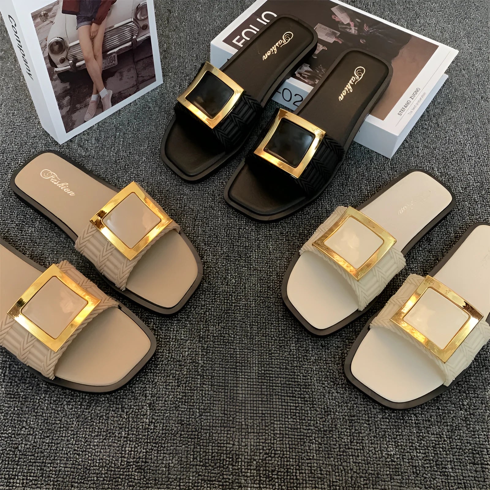 Women's casual summer flat slippers with PVC sole in apricot, black, and khaki colour options