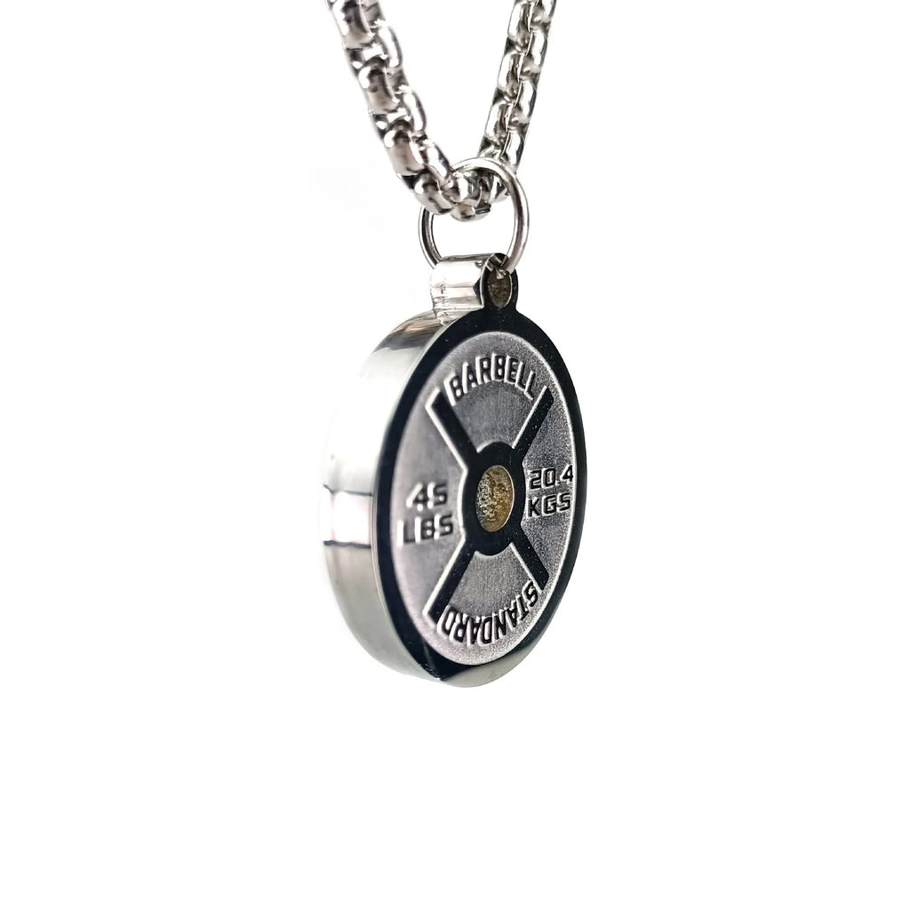 Stainless steel barbell disk geometric pendant necklace on a choice of 60cm chain.