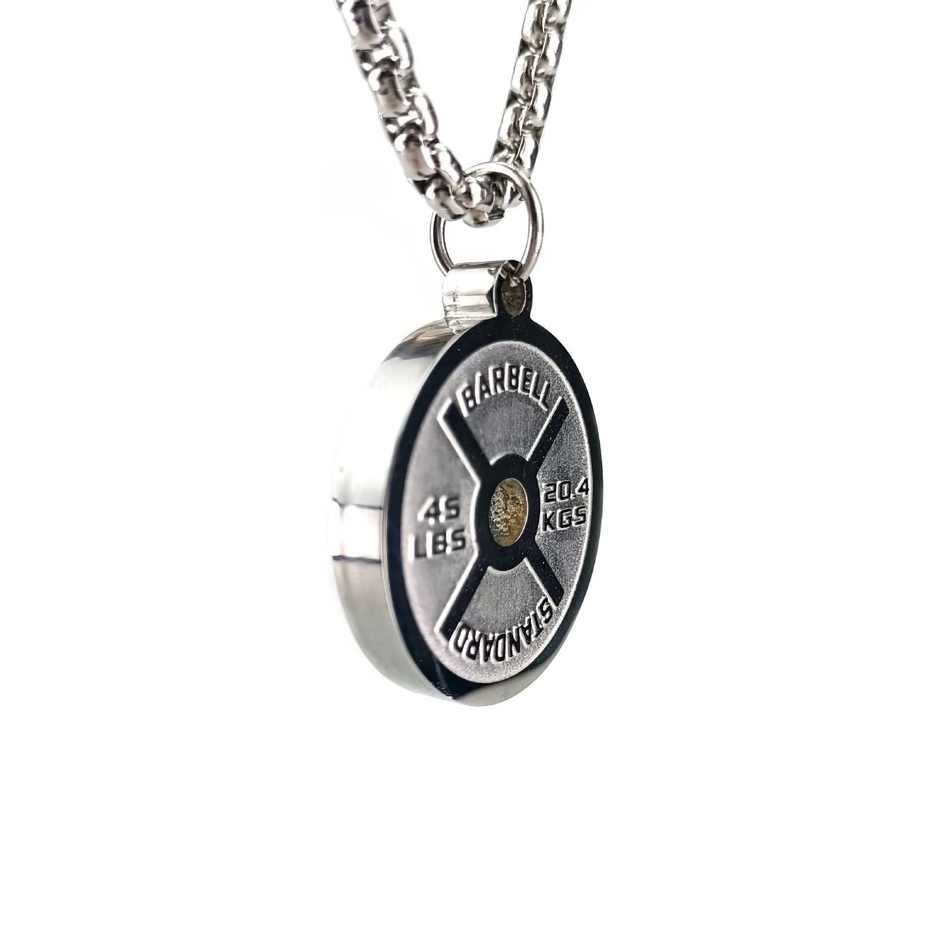 Stainless steel barbell disk geometric pendant necklace on a choice of 60cm chain.