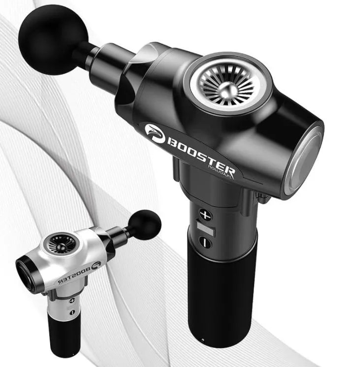 Black and white massage gun with adjustable speed control for muscle percussion therapy