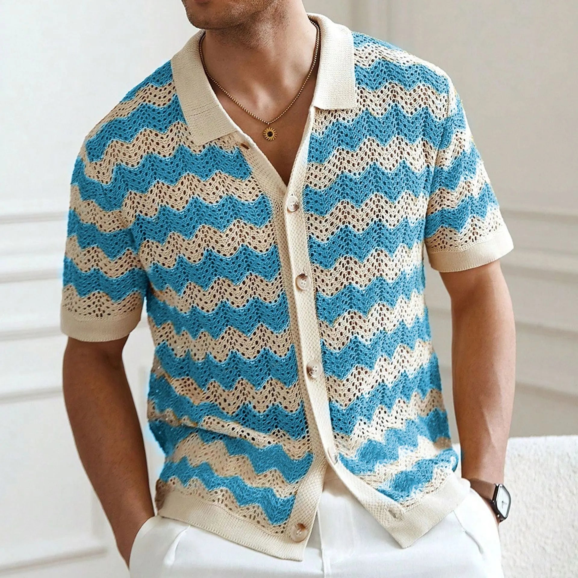 Men's short-sleeve t-shirt with corrugated jacquard texture and flocking detail in yellow, blue, or brown.