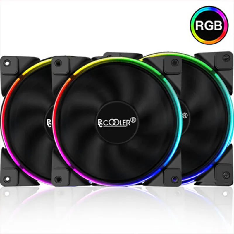 Three black 12cm PC case fans with illuminated RGB blades on a transparent background.