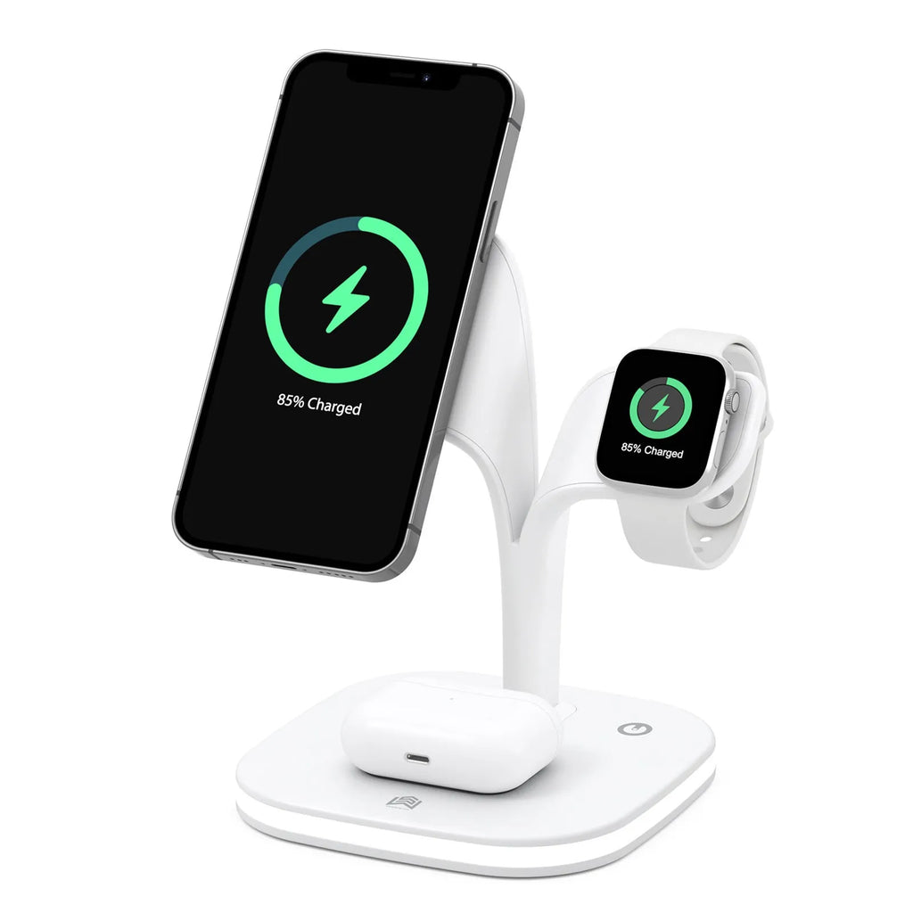 Black 3-in-1 desktop wireless charging stand showing phone, watch, and headphones charging simultaneously.