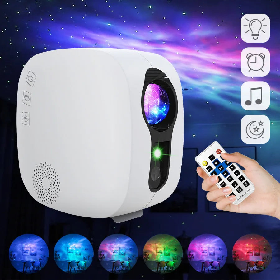 Black laser star projector lamp projecting colourful nebula patterns on wall