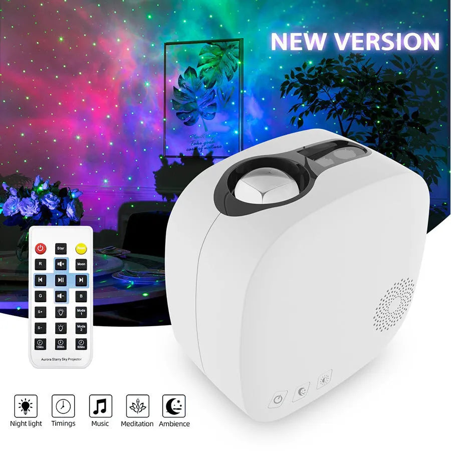 Black laser star projector lamp projecting colourful nebula patterns on wall
