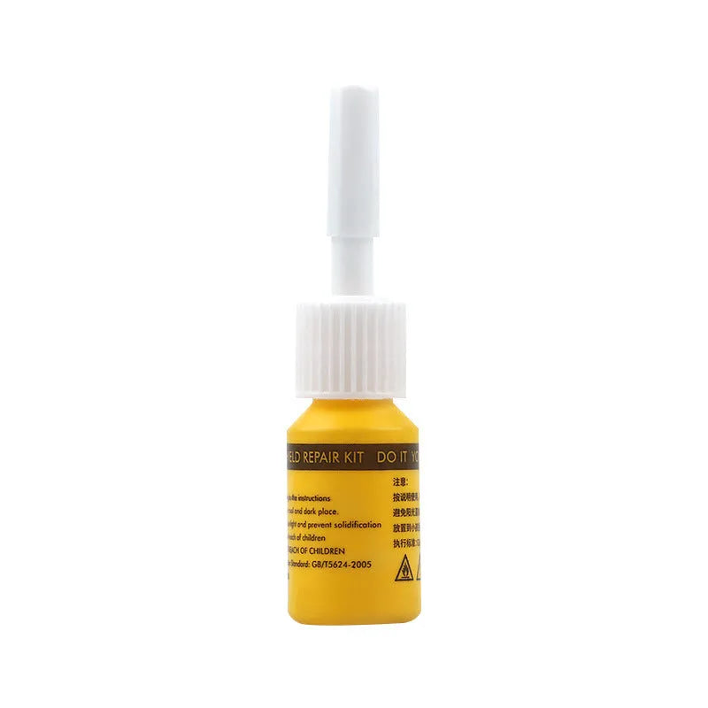 Yellow car glass repair agent tool set with three pieces for windshield repair