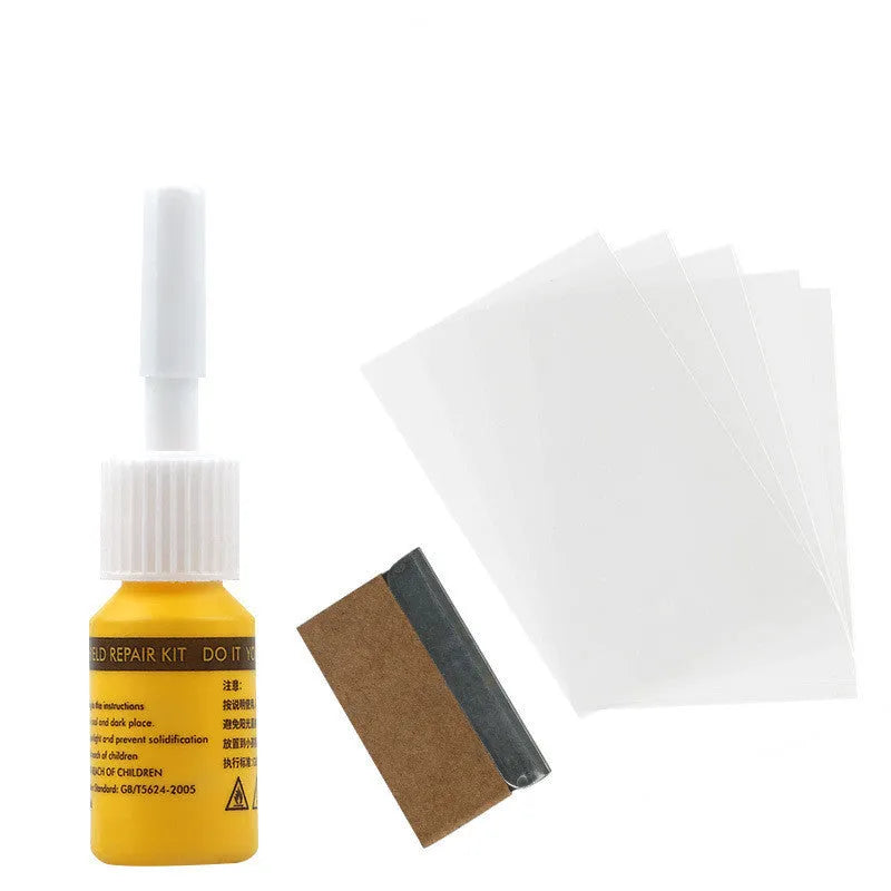 Yellow car glass repair agent tool set with three pieces for windshield repair