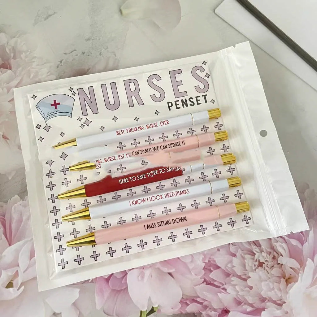 Set of five nurse theme retractable ballpoint pens with medical designs