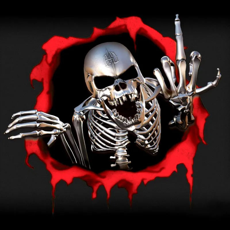 Close-up of colourful broken shell pattern reflective metal skull car sticker, 15cm by 14cm, on PET film.