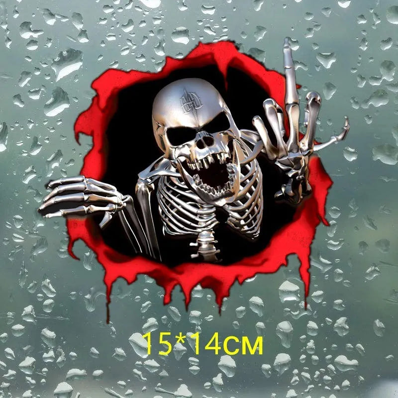 Close-up of colourful broken shell pattern reflective metal skull car sticker, 15cm by 14cm, on PET film.