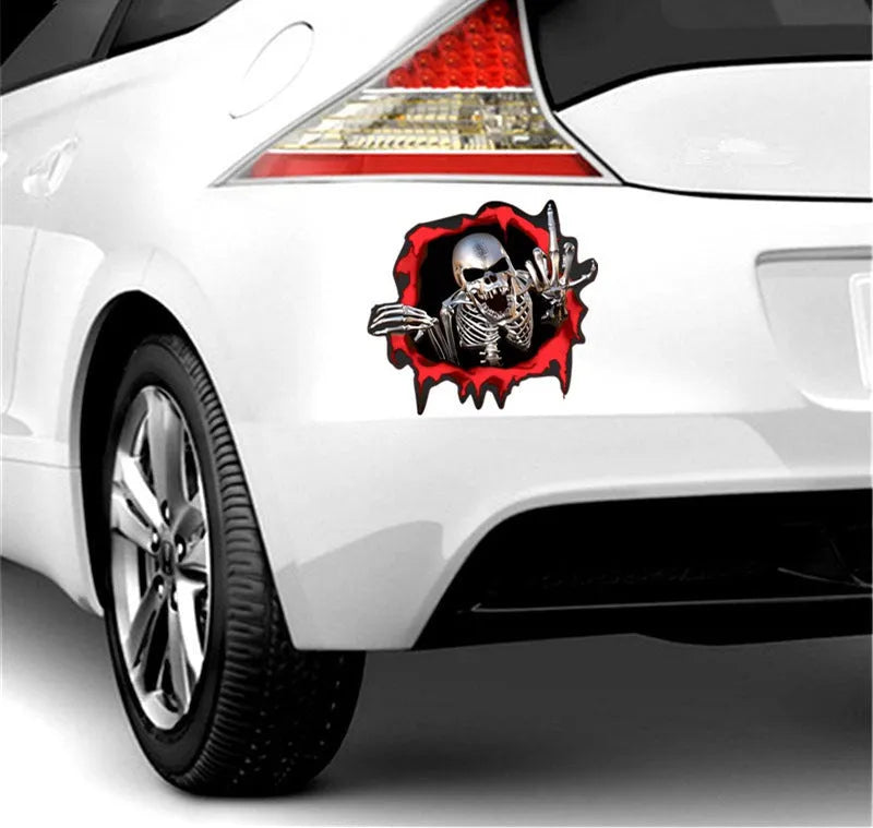 Close-up of colourful broken shell pattern reflective metal skull car sticker, 15cm by 14cm, on PET film.
