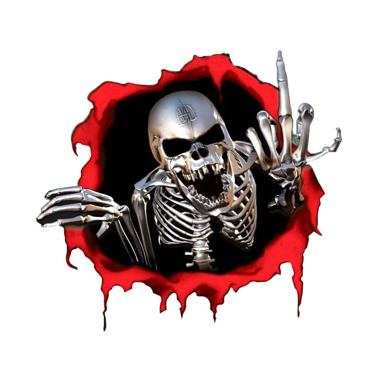 Close-up of colourful broken shell pattern reflective metal skull car sticker, 15cm by 14cm, on PET film.