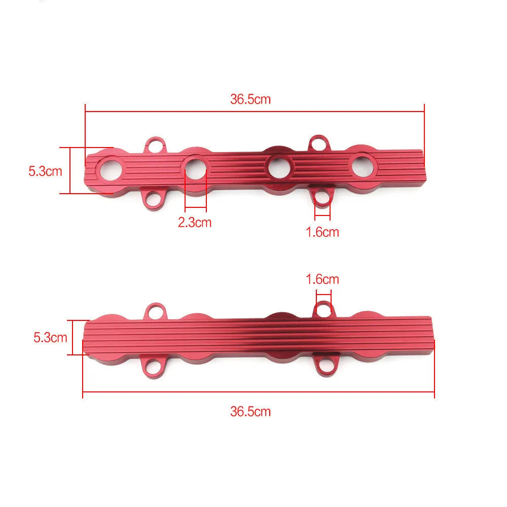 Aluminium alloy engine harness housing bracket in blue, red, and silver, showing versions with and without mounting holes.