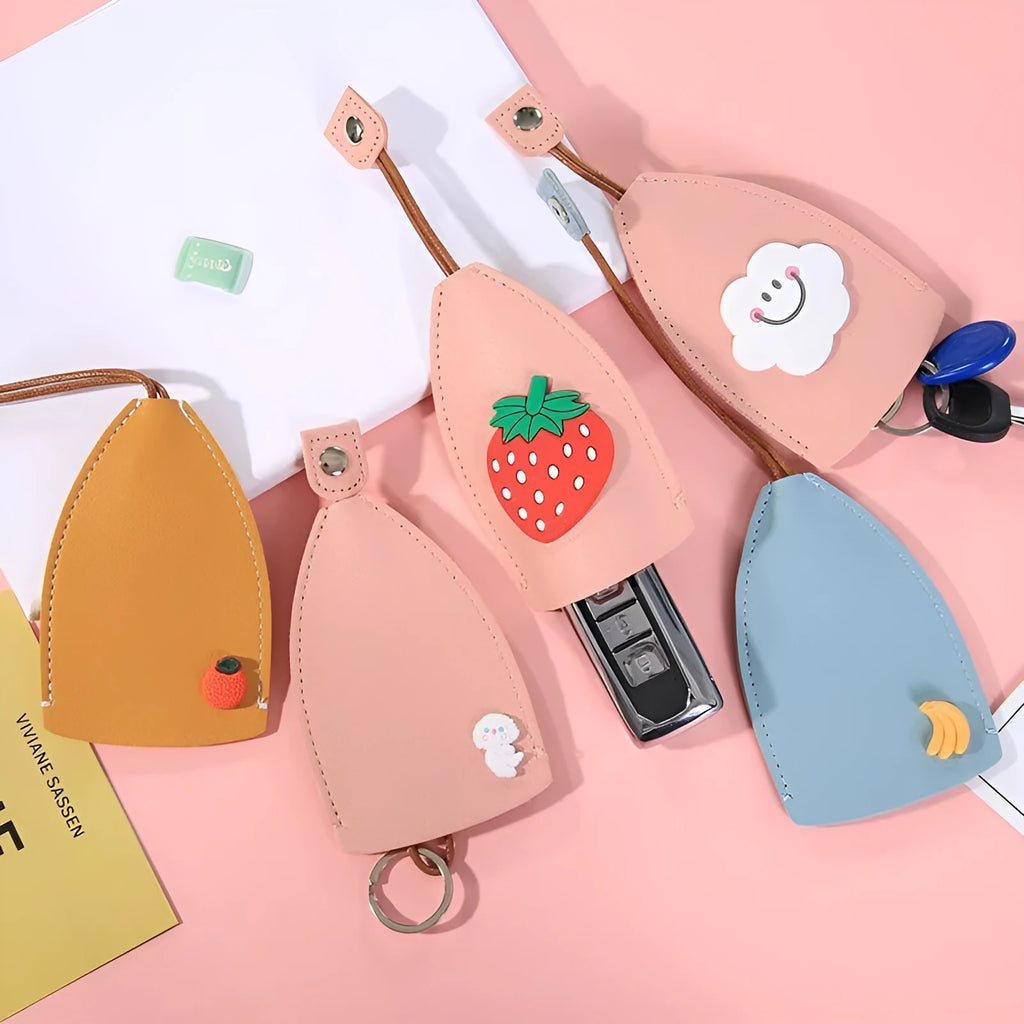 Cartoon-themed PU leather car key case with pull-out mechanism measuring 14x7.5 cm