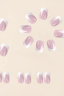 White fake nails with plaid pattern, 24 pieces per box ready for application