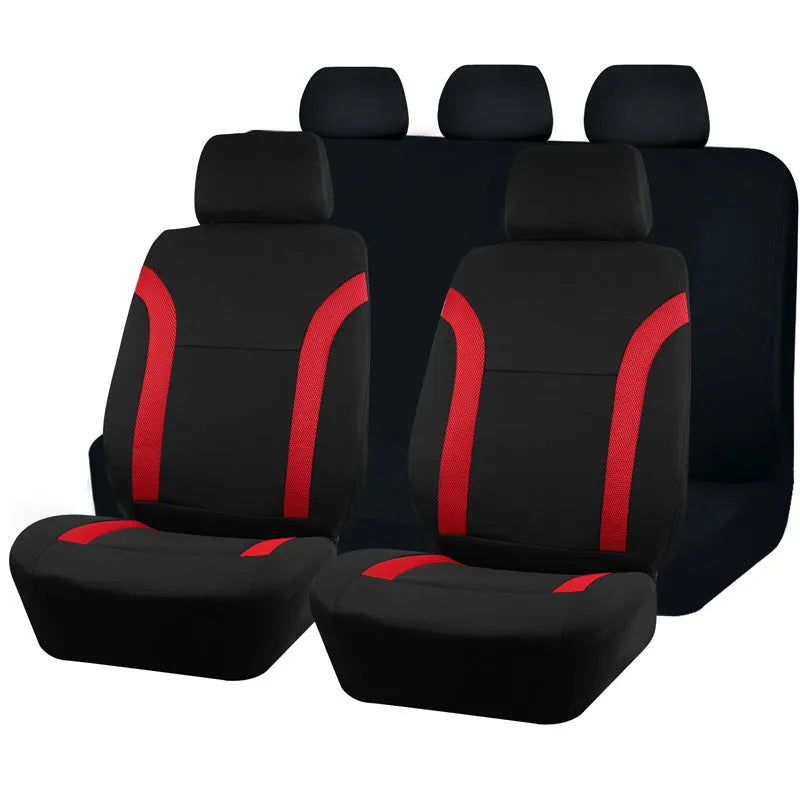 Polyester eyelet fabric universal car seat cover set in black, blue, grey, or red.