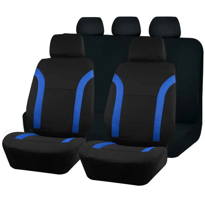 Polyester eyelet fabric universal car seat cover set in black, blue, grey, or red.