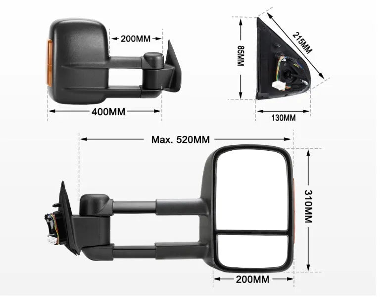 Black electric exterior rear view mirror with light for Nissan NP300 D23 2015 onward model