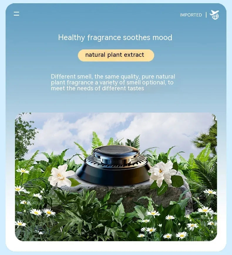 Solar kinetic car air freshener with double rotating rings on plastic base