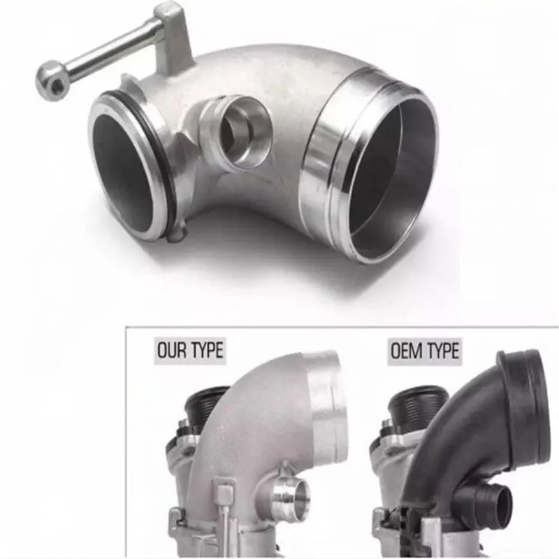 Aluminium alloy 90-degree turbine pipe elbow for lateral engine positioning in modified automotive applications