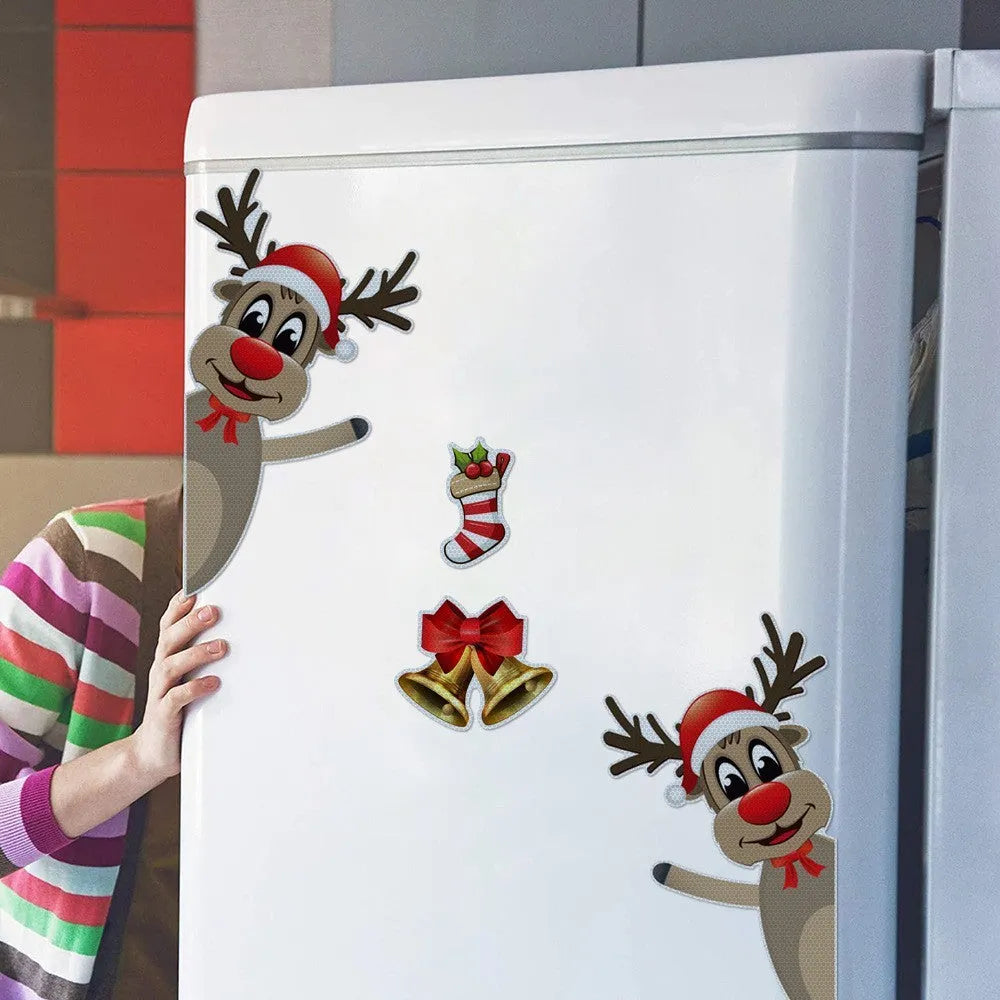 Cartoon Christmas elk bell design magnetic bumper stickers with reflective and luminous features on a vehicle.